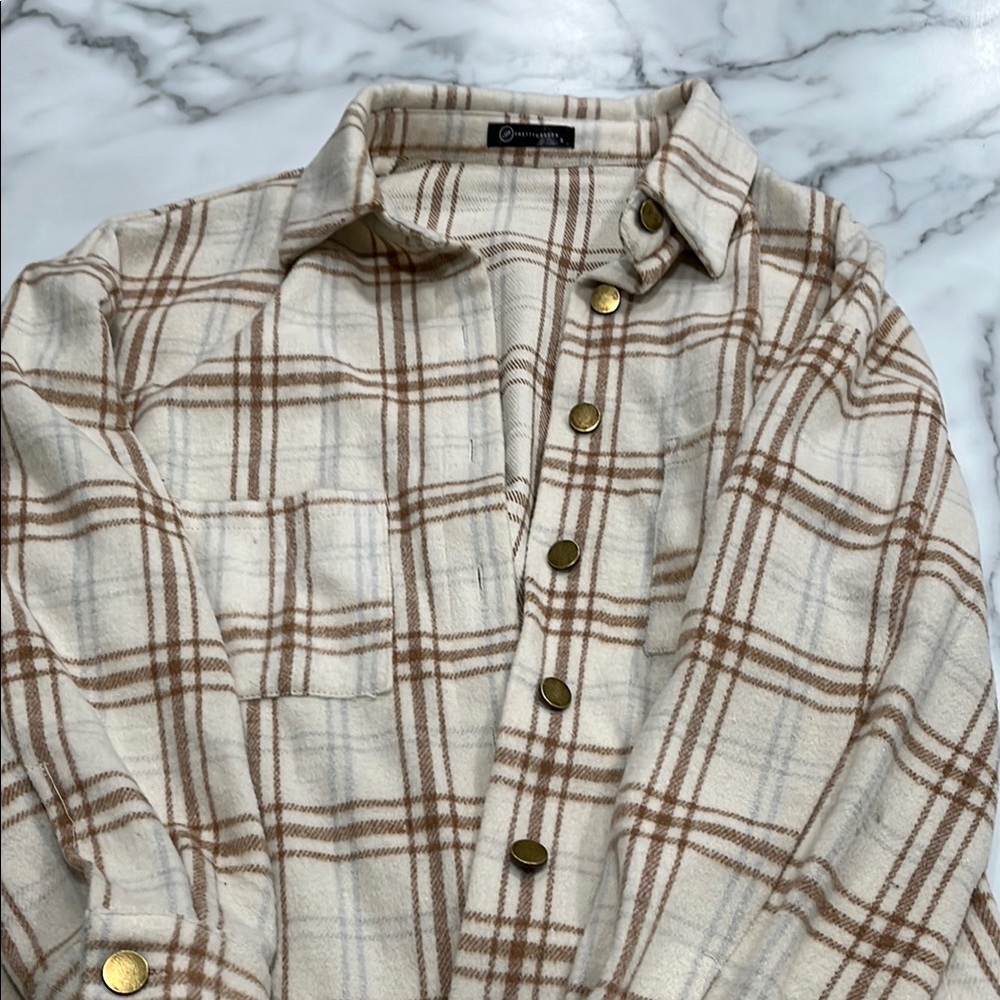 Women's OverSized Cream and Brown Plaid Shirt